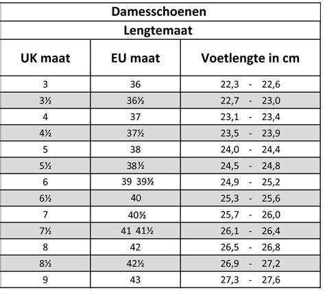 Maattabel Dames .